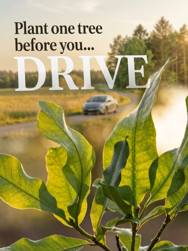Poster: Plant one tree before you drive, with leaves in front of a car on a country road