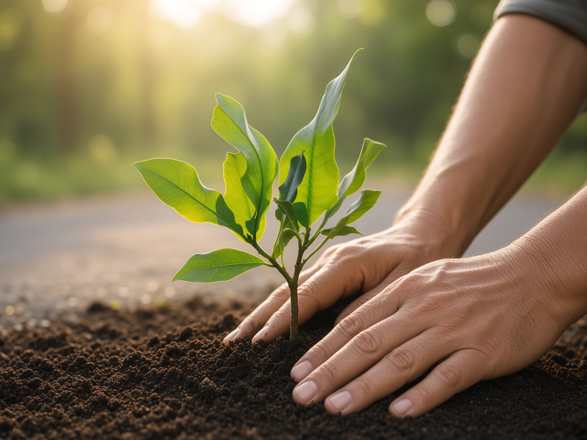 Hands planting a young tree beside a quiet road