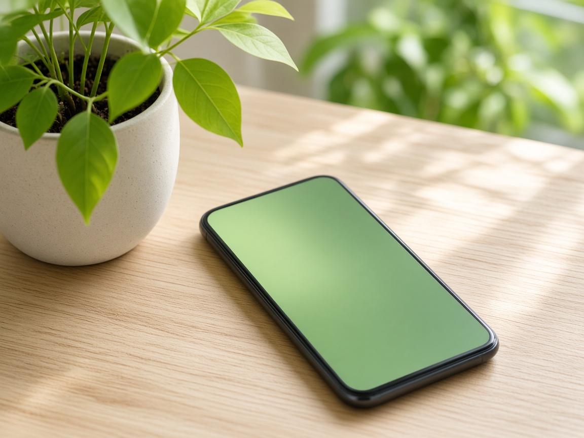 A phone beside a small planted tree