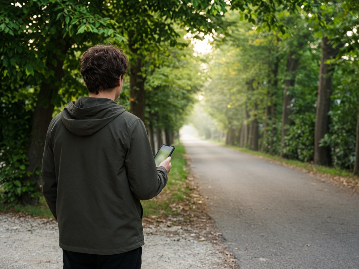 A learner checking the student app beside a tree-lined road
